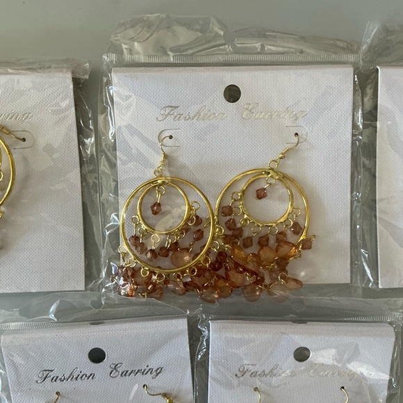 Fashion Jewelry Gold Hoop Earrings with Red, Black, White, and Brown Bead Drops - Picture 3 of 6